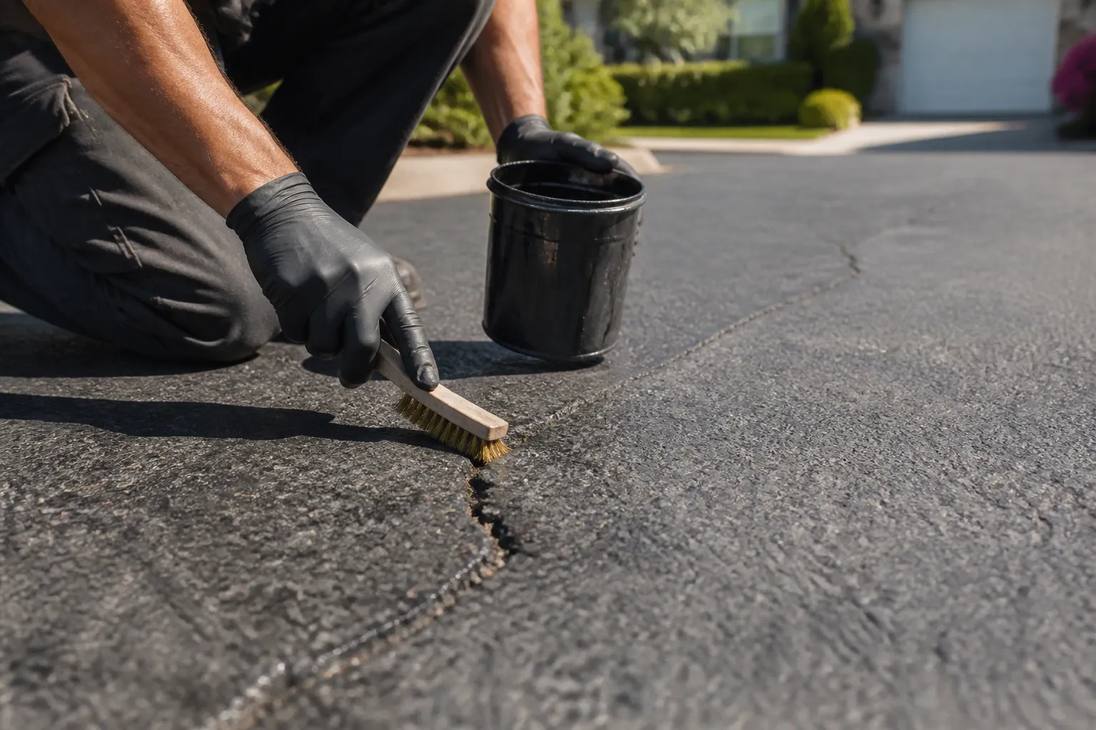 Professional maintaining a crack in Costa Mesa asphalt pavement
