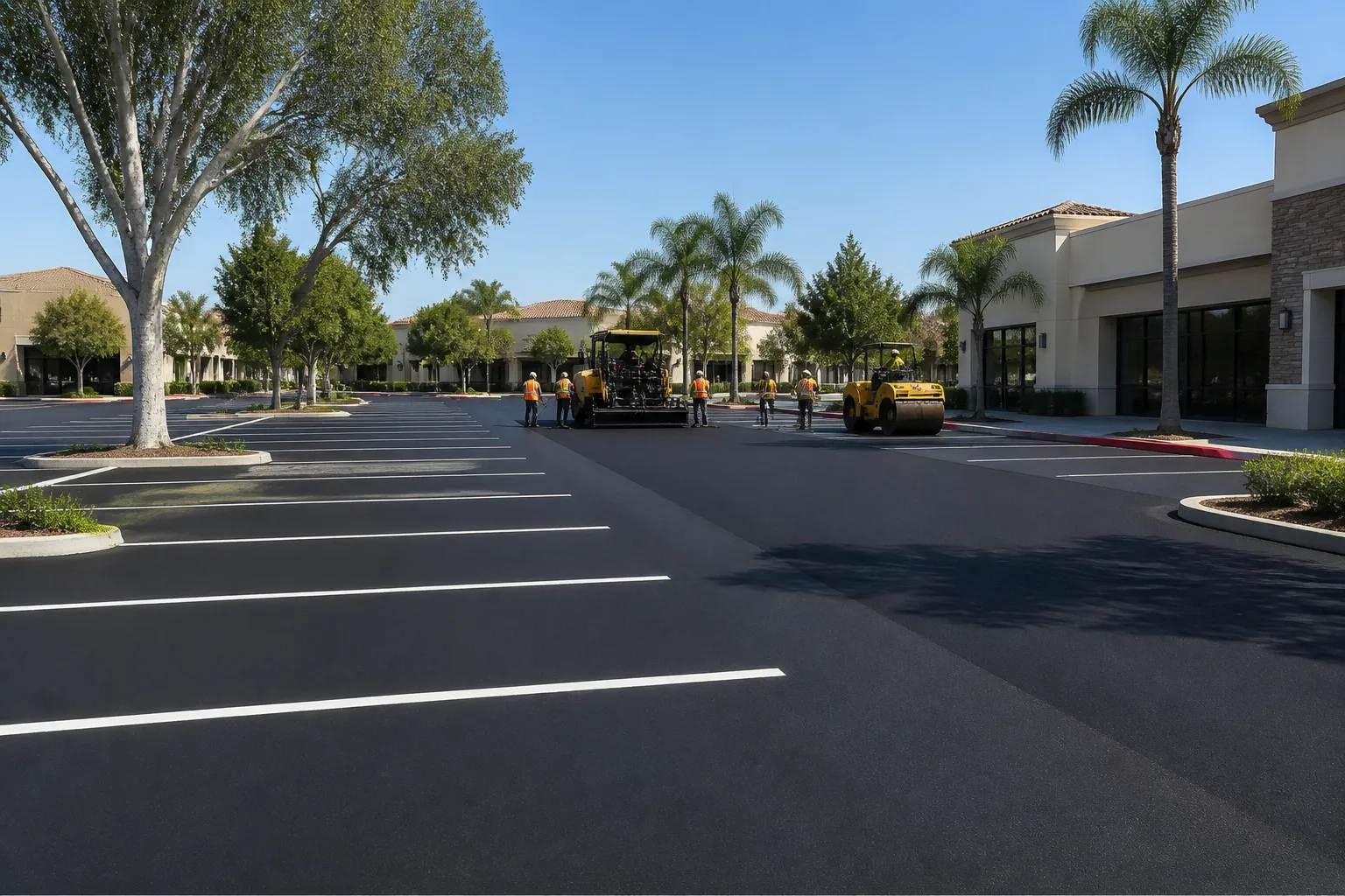 Freshly paved and striped commercial asphalt parking lot in Orange County