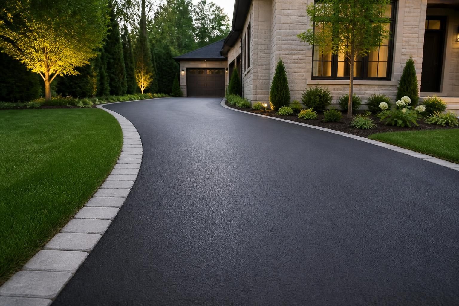 Newly paved residential driveway with smooth asphalt finish